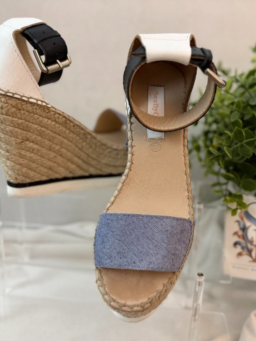 See by Chloé Denim Leather Espadrille Platform Wedge Sandals 37 - Picture 2 of 10